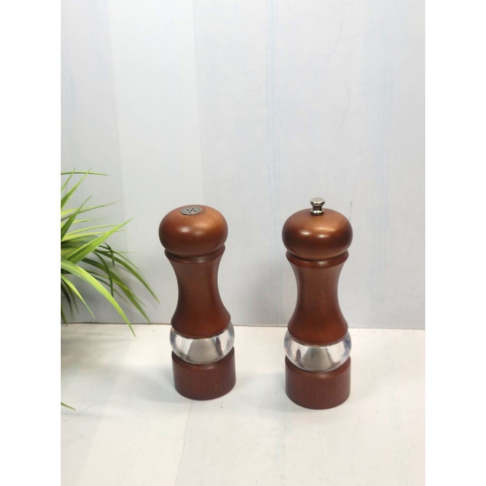 Vintage Olde Thompson Walnut Wood Clear Acrylic Salt Pepper Mill Grinder Set